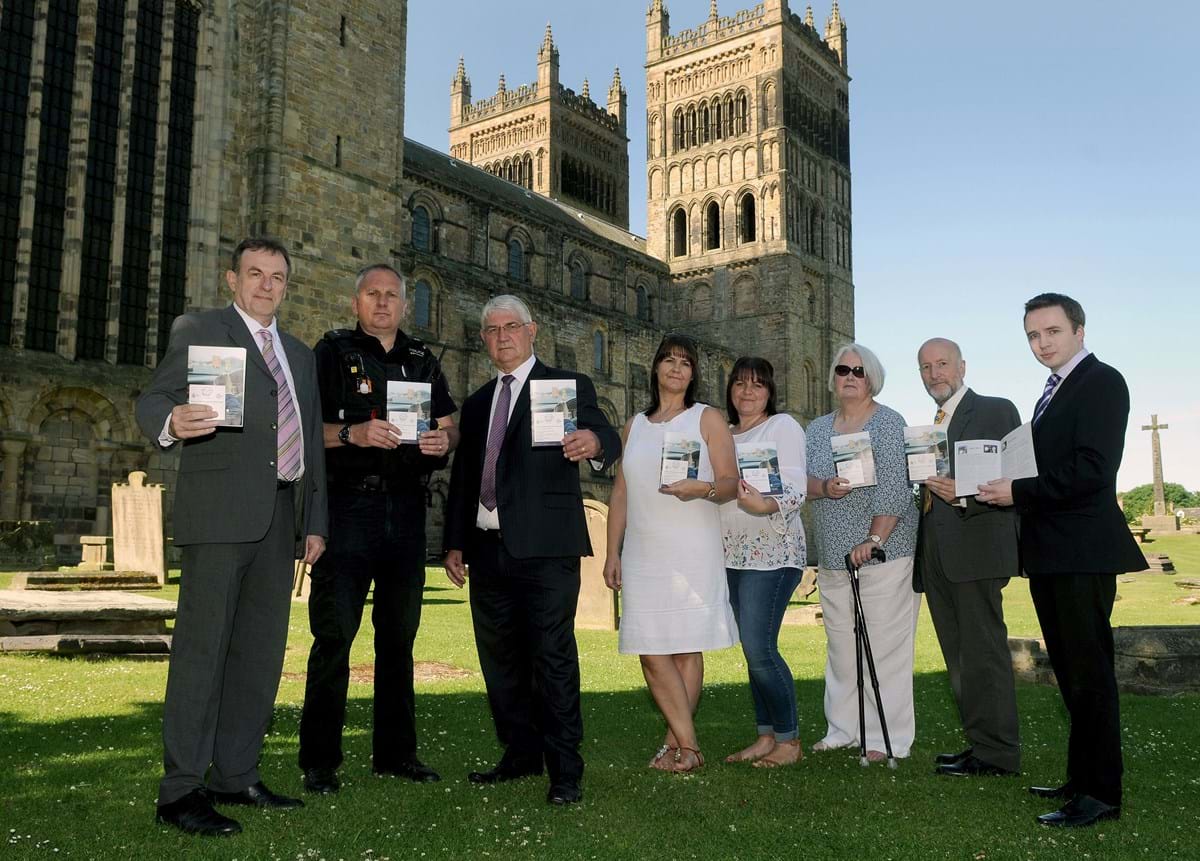 Members of RoadPeace North East pictured with police officers from Cleveland and Durham, at the launch the newroad safety guide.