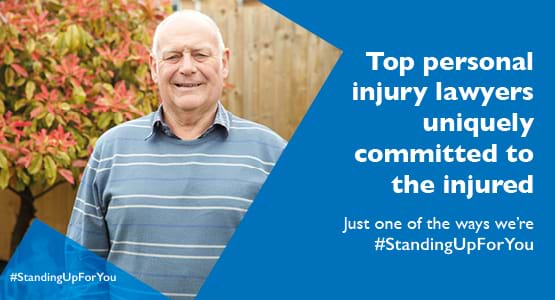 A Thompsons client stands in a garden smiling next to text explaining that Thompsons are top personal injury lawyers