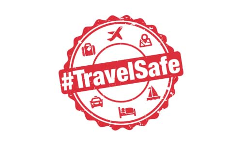 Red and white travel safe logo with travel symbols