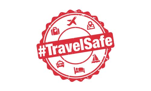 red and white travel safe logo with travel symbols