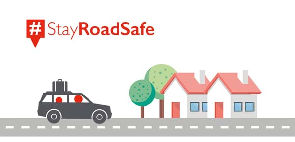 An infographic showing a car on the road with the hashtag 'stay road safe'