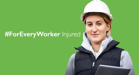A woman wearing a hard hat smiles next to the Thompsons slogan 'for every worker'