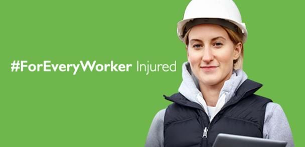 A woman wearing a hard hat smiles next to the Thompsons slogan 'for every worker'
