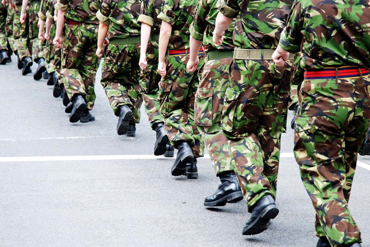 Image of soldiers from behind marching in single file