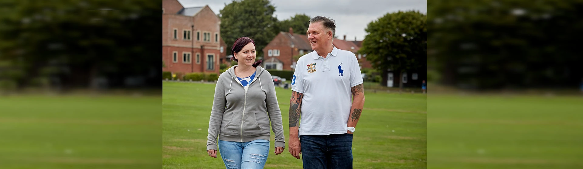David, our pleural thickening client, walking with a friend. 